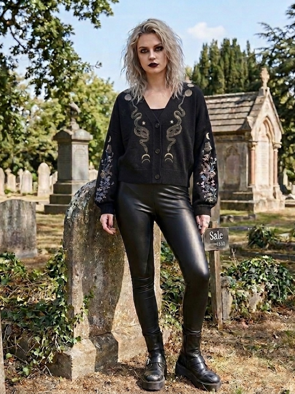 Black Embroidered Button-Front Cardigan Sweater